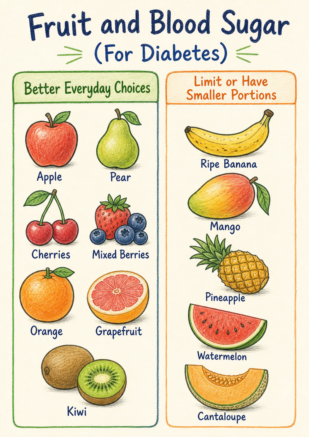 Two-column illustrated chart of fruits: a 'steadier choices' column with apples, pears, berries, cherries, citrus and kiwi; and a 'sweeter — smaller portion' column with mango, ripe banana, pineapple, watermelon and cantaloupe.